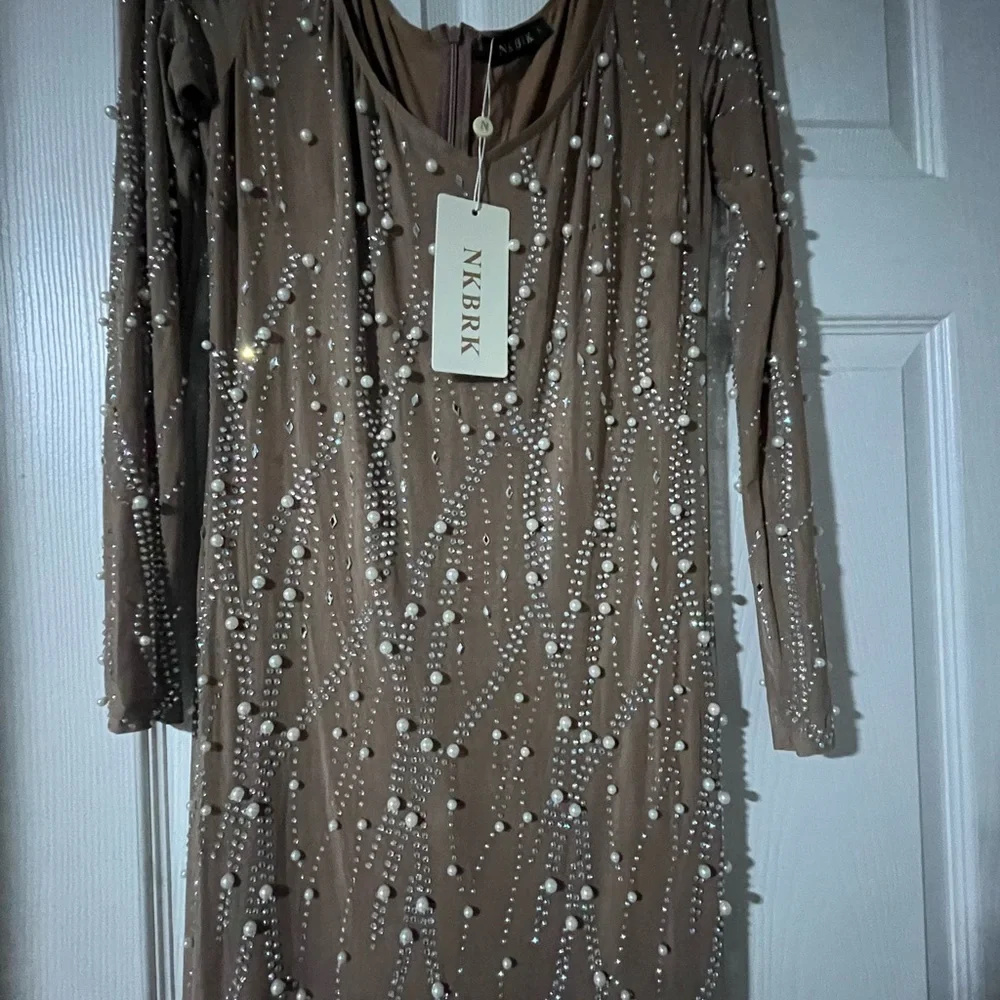 Glamorous Long Sleeve Tan Dress with Embellishments - Picture 3 of 3
